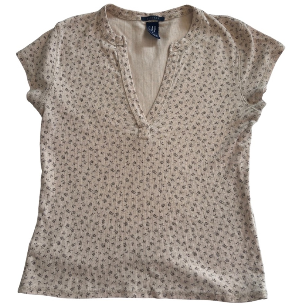 Gap Stretch Women’s Brown Floral Ribbed V-Neck Tee - Picture 3 of 4